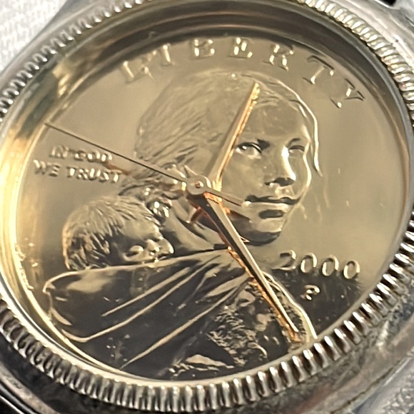 Sacagawea Golden Dollar Coin Watch for Women 8.5” Speidel Black Leather Band - Picture 1 of 13